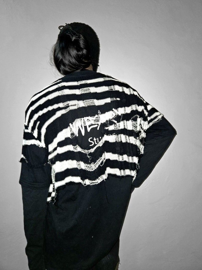 WEARy Studios custom distressed longsleeve (Category: Tshirts & Polo Shirts ) located in Caloocan City. Submitted by wearystudios (Listing ID 1468215271, Image 2). Description: "STAY WITH ME" MIKI MATSUBARA oversized layered longsleeves, extended sleeves from cotton shirt and overlayed distressed knitwear (detachable), logo print at the back 1/1 Oversized Shoulder 21.5 Full sleeves 27 Pit 26 Length 31.5 4,500.