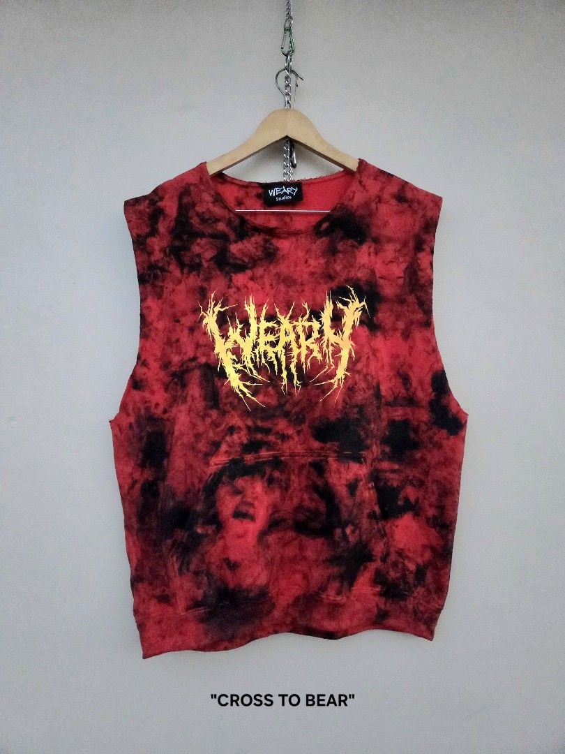 WEARy Studios distressed painted top (Category: Tshirts & Polo Shirts ) located in Caloocan City. Submitted by wearystudios (Listing ID 1468216028, Image 3). Description: "CROSS TO BEAR" red sleeveless fleece top made from hoodie with cut-out sleeves and hood, front pocket pouch still attached, paint stained all over, Weary Metal print at the front, patchwork cross at the back with original artwork prints 1/1 Oversized Shoulder 20 Pit 25 Length 2