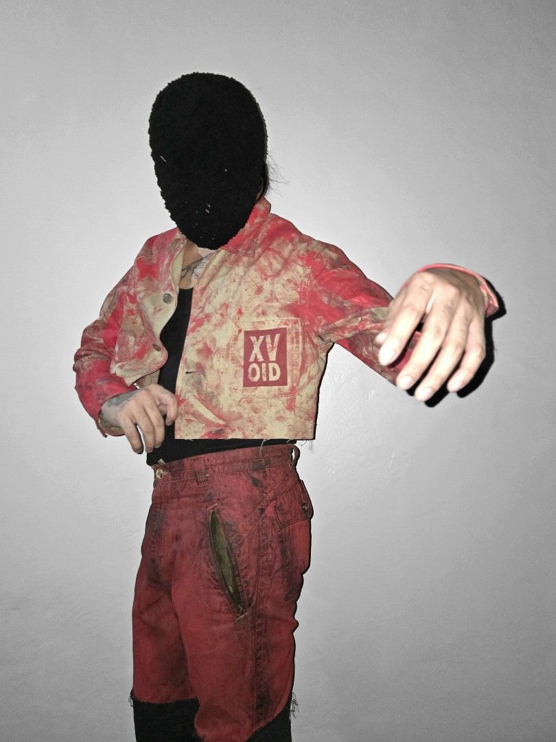 WEARy Studios painted cropped jacket (Category: Coats, Jackets and Outerwear) located in Caloocan City. Submitted by wearystudios (Listing ID 1468219945, Image 2). Description: "BLOOD-FURY" cropped jacket Made from cut-out heavy cotton chore jacket, paint stains all over with our XV.OID logo stencil painted at the front pocket, stencil painted text patchwork at the back 1/1 Fits Large cropped Shoulder 19.5 Sleeves 24 Pit 22 Length 18 10,500.