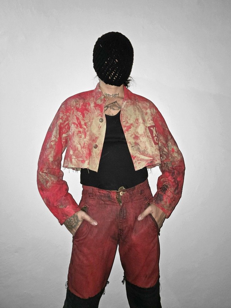 WEARy Studios painted cropped jacket (Category: Coats, Jackets and Outerwear) located in Caloocan City. Submitted by wearystudios (Listing ID 1468219945, Image 1). Description: "BLOOD-FURY" cropped jacket Made from cut-out heavy cotton chore jacket, paint stains all over with our XV.OID logo stencil painted at the front pocket, stencil painted text patchwork at the back 1/1 Fits Large cropped Shoulder 19.5 Sleeves 24 Pit 22 Length 18 10,500.