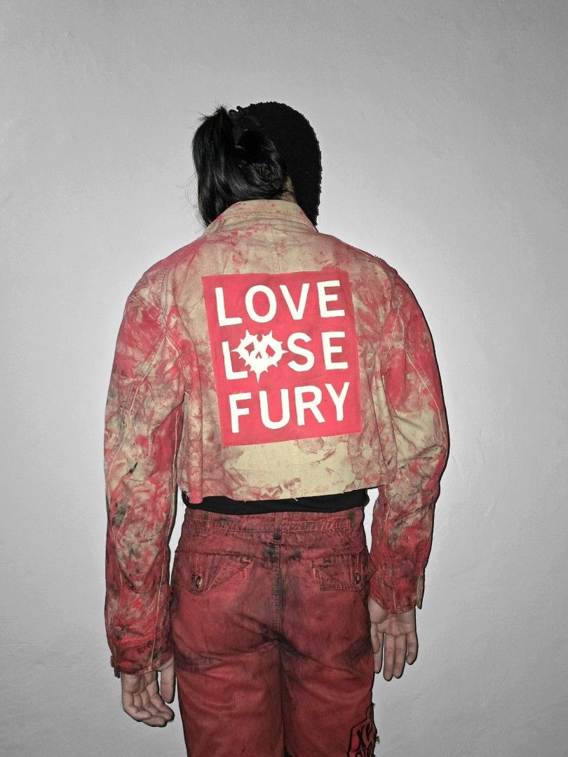 WEARy Studios painted cropped jacket (Category: Coats, Jackets and Outerwear) located in Caloocan City. Submitted by wearystudios (Listing ID 1468219945, Image 3). Description: "BLOOD-FURY" cropped jacket Made from cut-out heavy cotton chore jacket, paint stains all over with our XV.OID logo stencil painted at the front pocket, stencil painted text patchwork at the back 1/1 Fits Large cropped Shoulder 19.5 Sleeves 24 Pit 22 Length 18 10,500.