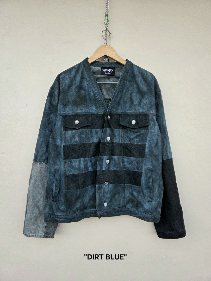 WEARy Studios painted denim jacket (Category: Coats, Jackets and Outerwear) located in Caloocan City. Submitted by wearystudios (Listing ID 1468220440, Image 3). Description: "DIRT BLUE" denim jacket Collarless type of denim jacket with extended patchwork sleeves, paint washed all over, stripe painted accents at the front, with our XV.OID patch logo at the back Fits Large Shoulder 21.5 Full sleeves 25 Pit 21.5 Length 27 10,500.