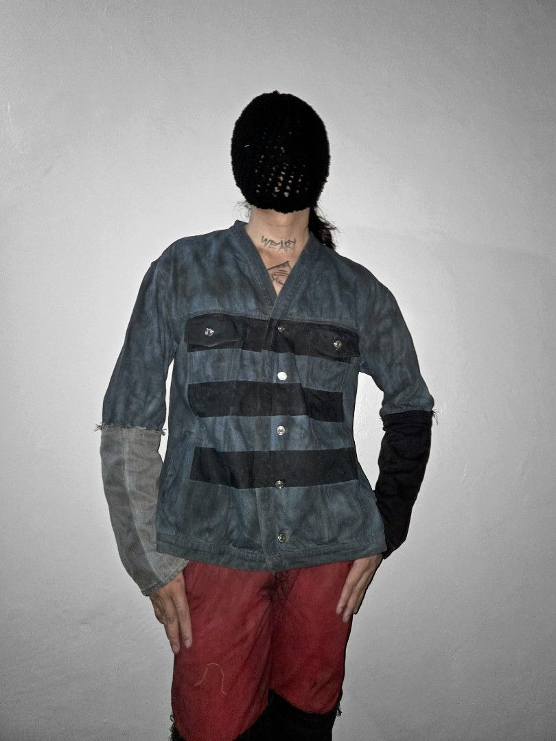 WEARy Studios painted denim jacket (Category: Coats, Jackets and Outerwear) located in Caloocan City. Submitted by wearystudios (Listing ID 1468220440, Image 1). Description: "DIRT BLUE" denim jacket Collarless type of denim jacket with extended patchwork sleeves, paint washed all over, stripe painted accents at the front, with our XV.OID patch logo at the back Fits Large Shoulder 21.5 Full sleeves 25 Pit 21.5 Length 27 10,500.