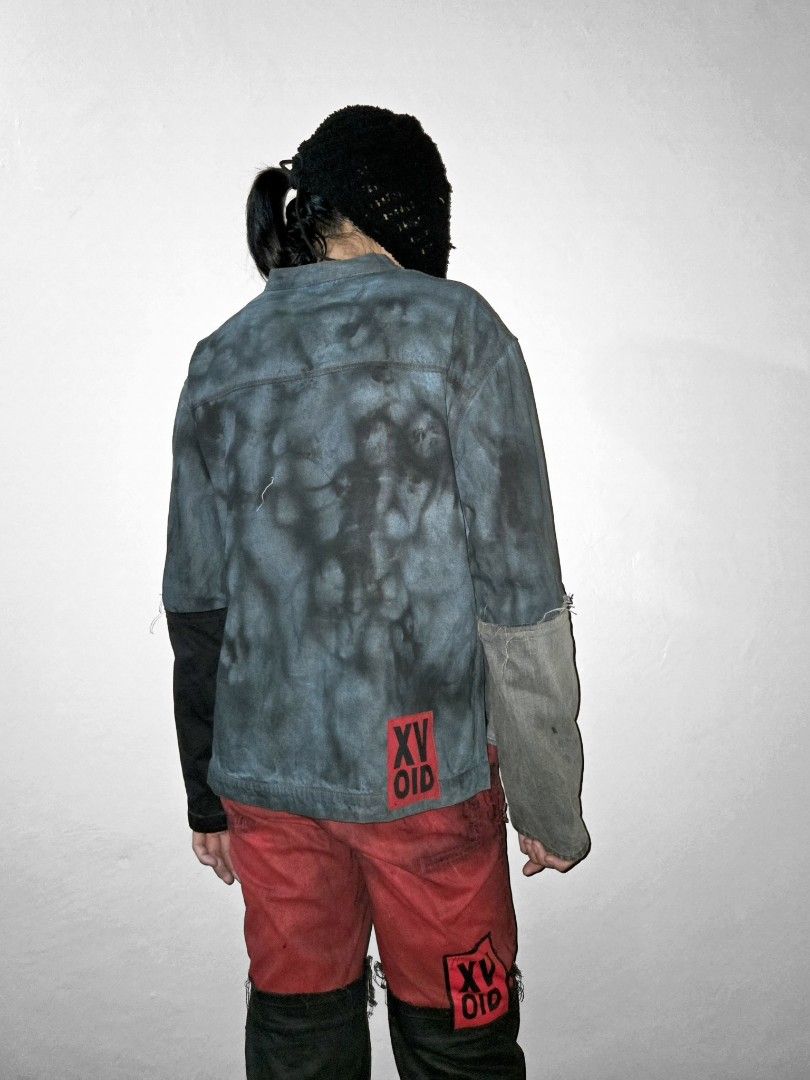 WEARy Studios painted denim jacket (Category: Coats, Jackets and Outerwear) located in Caloocan City. Submitted by wearystudios (Listing ID 1468220440, Image 2). Description: "DIRT BLUE" denim jacket Collarless type of denim jacket with extended patchwork sleeves, paint washed all over, stripe painted accents at the front, with our XV.OID patch logo at the back Fits Large Shoulder 21.5 Full sleeves 25 Pit 21.5 Length 27 10,500.