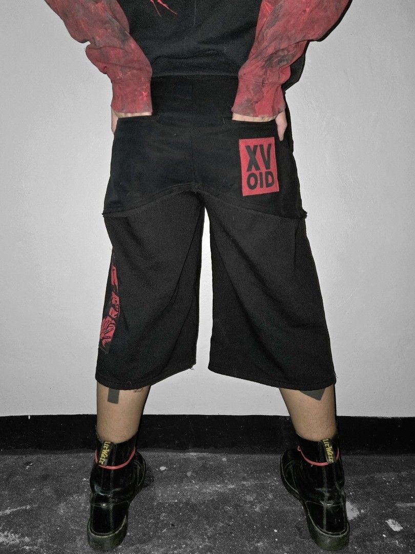 WEARy Studios patchwork shorts (Category: Shorts) located in Caloocan City. Submitted by wearystudios (Listing ID 1468218083, Image 3). Description: "VOID" distressed layered shorts, with drawstrings for adjustments, patches all over with our XV.OID patch logo at the back 1/1 Waist 30-31 Length 27 Leg opening 13 6,500.