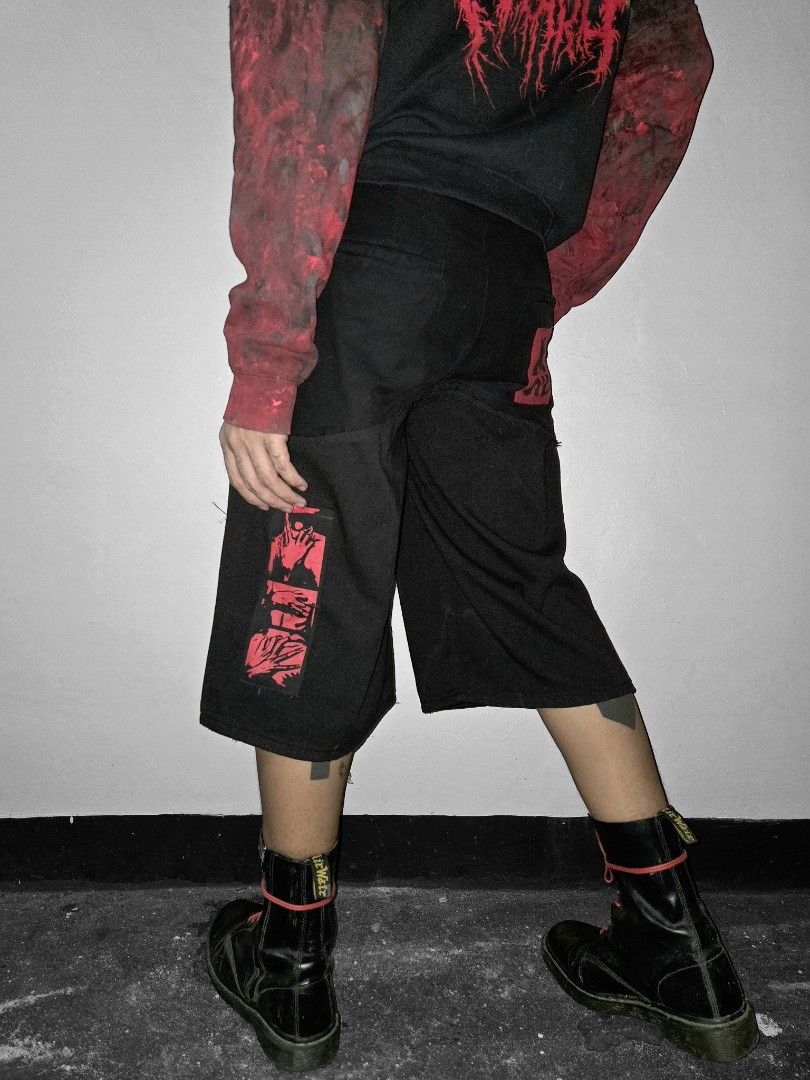 WEARy Studios patchwork shorts (Category: Shorts) located in Caloocan City. Submitted by wearystudios (Listing ID 1468218083, Image 2). Description: "VOID" distressed layered shorts, with drawstrings for adjustments, patches all over with our XV.OID patch logo at the back 1/1 Waist 30-31 Length 27 Leg opening 13 6,500.