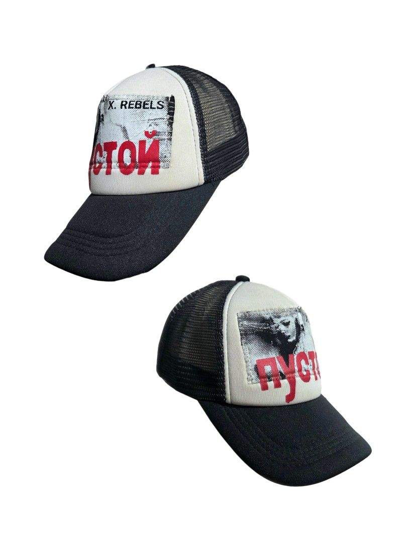WEARy Studios patchwork trucker cap (Category: Caps & Hats) located in Caloocan City. Submitted by wearystudios (Listing ID 1468212265, Image 3). Description: "EMPTY" patchwork trucker hat handstitched patch, with overlaying stencil painted "пустой" Cyrillic text 1/1 2,500.