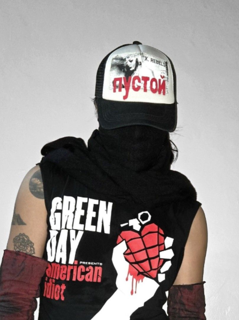 WEARy Studios patchwork trucker cap (Category: Caps & Hats) located in Caloocan City. Submitted by wearystudios (Listing ID 1468212265, Image 2). Description: "EMPTY" patchwork trucker hat handstitched patch, with overlaying stencil painted "пустой" Cyrillic text 1/1 2,500.