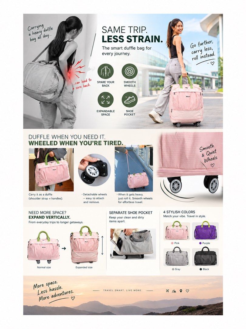 Wheeled Duffle Travel Bag (Category: Luggage) located in Lipa City. Submitted by dannialah (Listing ID 1468091983, Image 2). Description: - Color: Stylish Grey, Black, Pink and Violet - Expandable: Vertical expansion zipper gives you extra packing space instantly - Shoe Compartment: Separate bottom section keeps dirty footwear away from your clean clothes - Mobility: Detachable smooth-rolling wheels click onto the base so you can roll instead of 