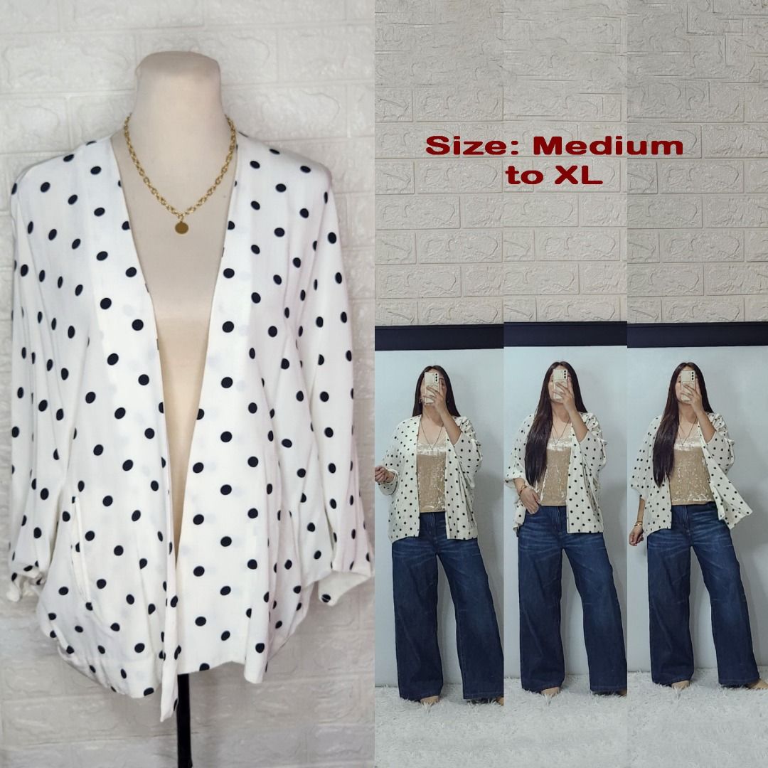 White Black Polka Dot Open Front Cardigan (Category: Coats, Jackets and Outerwear) located in Quezon City. Submitted by graciejosue (Listing ID 1468077927, Image 1). Description: Rare piece apparel at a very reasonable price and great condition!!! Washed and ready to wear. - Color & Pattern: White with all-over black polka dots - Design: Open front, lightweight drape - Fit: Relaxed fit, fits Medium up to Extra Large (XL) - Style: Easy to throw on