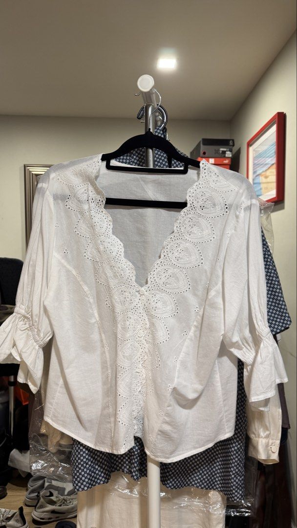 White Embroidered Lace top (Category: Blouses) located in Mandaluyong City. Submitted by forlaughandlemons (Listing ID 1468247259, Image 2). Description: With seamless/invisible-looking buttons Ruched sleeves - small to medium.