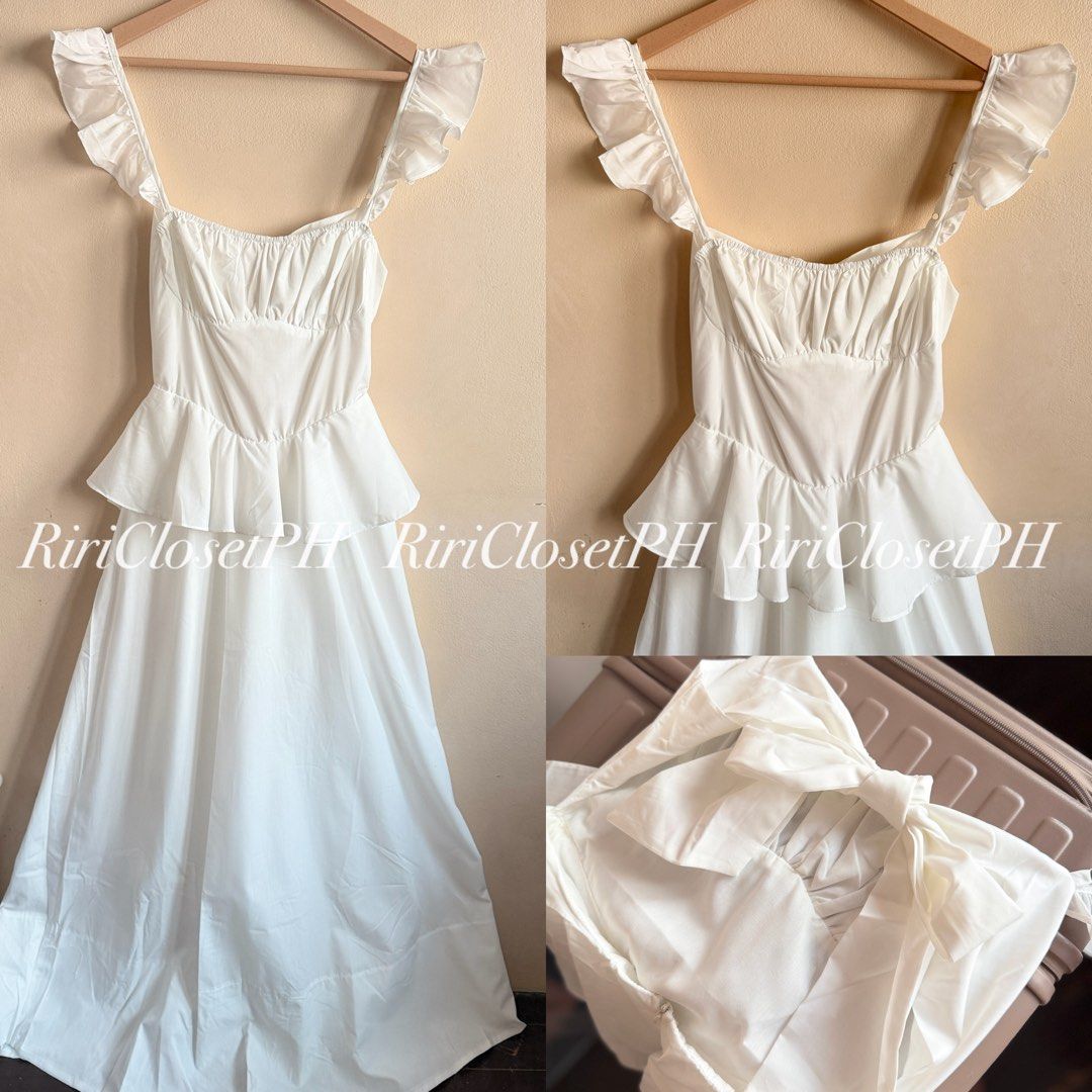 White Ruffle Strap Midi Dress with Back Bow (Category: Dresses) located in Cebu City. Submitted by iamrixi (Listing ID 1468089772, Image 1). Description: Brand: Angel Biba Size: Aus 8 (B:32-34 | W:26-28) With small dot stain No when worn|cancellation|return MOP: Bank or Gcash Shipping: J&T 1 day reservation only 📍Cebu City.