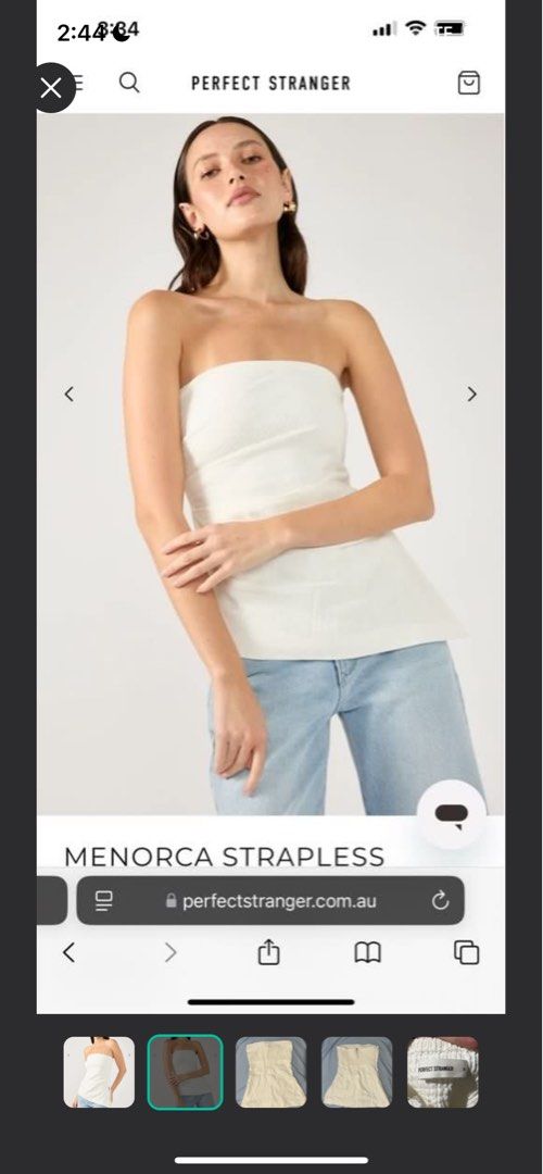 White Tube Top (Category: Sleeveless) located in Manila. Submitted by shecuratedit (Listing ID 1468115197, Image 2). Description: - Brand: Perfect Stranger (Menorca Strapless model) - Size: AU/UK 6 (US 2) - Color: White - Details: Smocked back panel, side zip closure, structured fit - Condition: Worn once, fresh and clean - Styling: Versatile; easy to dress up with jeans or a skirt.
