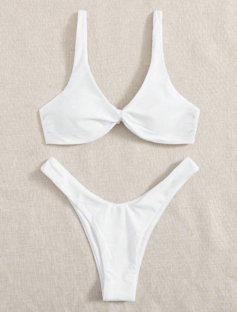 White Twist Front Bikini Set Two Piece Swimwear (Category: Bikinis & Swimsuits) located in Taguig. Submitted by anne_di0909 (Listing ID 1468134690, Image 1). Description: - Small on tag but can fit to medium body frame Reference: 34B 28 waistline RFS: not too fit Recently purchased/Never been used Original price: 438 Selling price: 350 PTP: got the worn photos from reviews ✨Reminders:✨ — MOP: GCash only — Courier within MM: Lalamove, Grab (same d