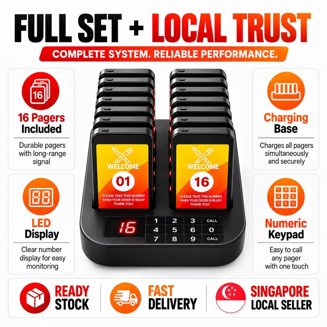 Wireless Queue Calling System (Pager) (Category: Office & Business Technology) located in Singapore. Submitted by sgcheapbuy (Listing ID 1468271399, Image 1). Description: Wireless Queue Calling System (Pager) ✅16 Wireless Pager Caller ✅Radius within 100 metre ✅Easy to operate ✅No subscription needed.