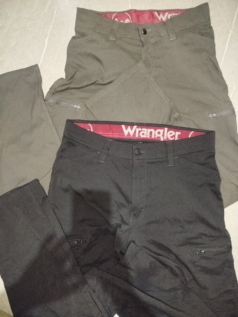 Wrangler Cargo Pants Set Grey and Black (Category: Jeans) located in Davao. Submitted by vernoneighty4 (Listing ID 1468159497, Image 1). Description: - Bundle of 2 Wrangler cargo pants: 1 Grey and 1 Black - Secure zippered pockets on the legs for safe storage - Unique pink patterned inner waistband lining - Durable utility-style trousers built for outdoor work or casual wear - Selling both pairs together as a set.