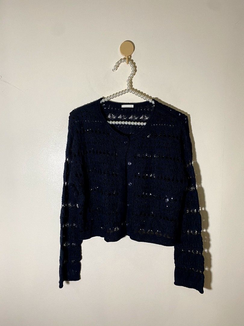 Xs - GU Openwork Cardigan Navy (Category: Others Tops) located in Castillejos. Submitted by lalainecloset22 (Listing ID 1468184555, Image 2). Description: - Brand: GU - Style: Openwork Knit Cardigan - Color: Navy - Size: XS - Features: Beautiful openwork pattern, button-front closure, lightweight and breathable fabric - Condition: Excellent pre-loved condition.