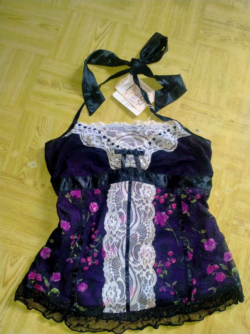 Y2k goth whimsical halter top (Category: Sleeveless) located in Maco. Submitted by nothingabove300shop (Listing ID 1468146654, Image 3). Description: size-small halter top embroidery designs beads and cutesy bow y2k whimsygoth style no flaws.