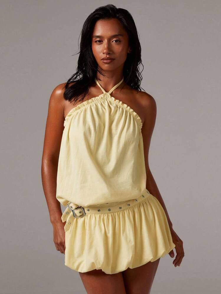 Yellow Belted Grommet Romper (Category: Dresses) located in Manila. Submitted by mightyflower- (Listing ID 1468113853, Image 2). Description: - never worn - bought for a higher price - size xs - fits xs - s (mildly stretchy) - with built-in shorts.