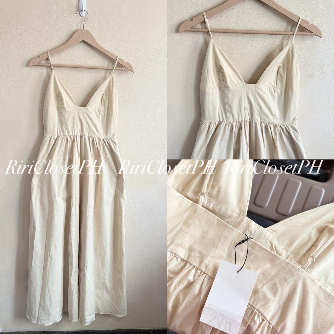 Zara Beige Spaghetti Strap Dress (Category: Jumpsuits) located in Cebu City. Submitted by iamrixi (Listing ID 1468083817, Image 1). Description: Brand: Zara Condition: Brand new with tags (BNWT) Adjustable straps No when worn|cancellation|return MOP: Bank or Gcash Shipping: J&T 1 day reservation only 📍Cebu City.