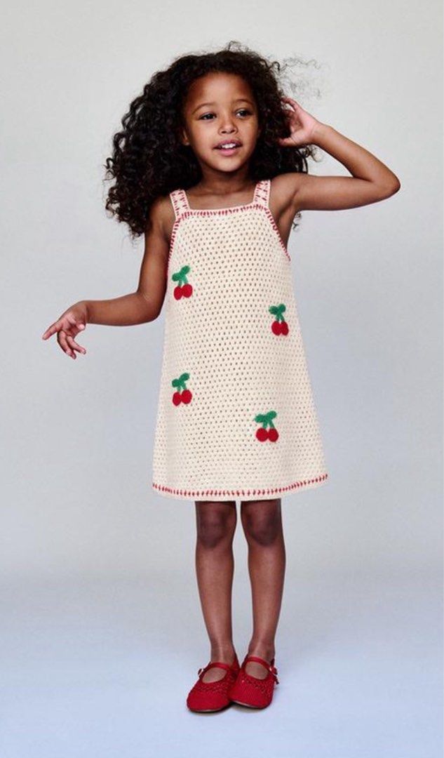 Zara Crochet Cherry Dress (Category: Dresses) located in Manila. Submitted by ishi_1 (Listing ID 1468223513, Image 2). Description: - Brand: Zara - Style: Cream crochet dress with red and green cherry embroidery - Details: Red stitching along the neckline, straps, and hem - Size: Tagged 1.5y (runs big) - Condition: Brand new with tags attached, unworn.
