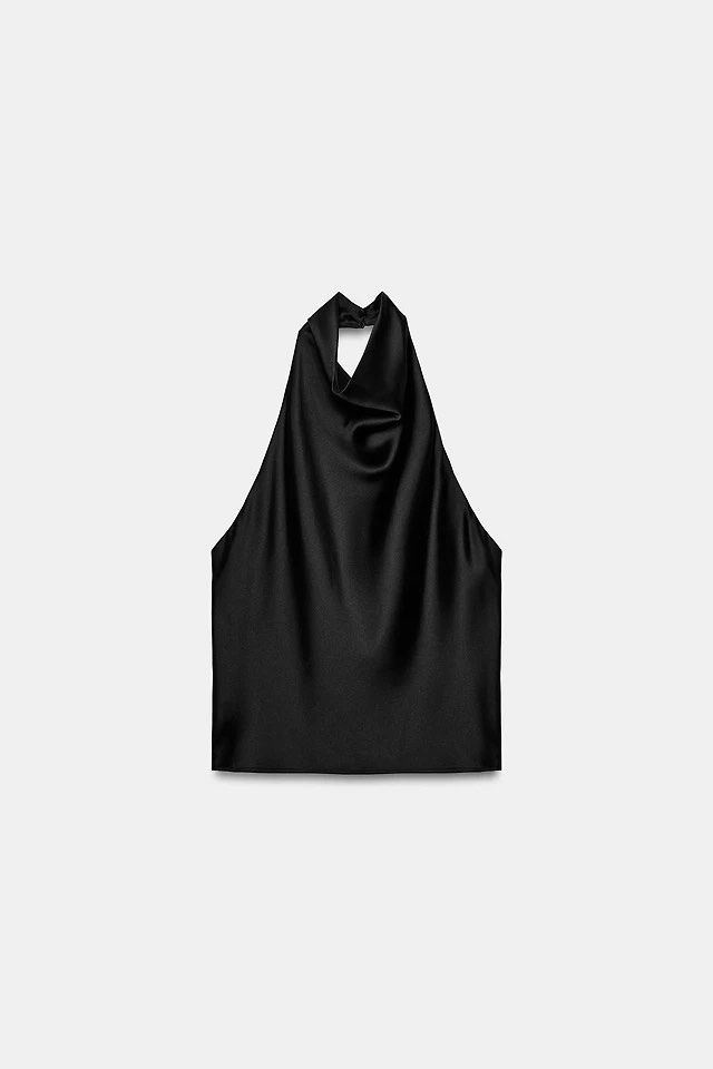 Zara Satin Silk Black Cowl Neck Top (Category: Sleeveless) located in Bocaue. Submitted by vanessaolmedo (Listing ID 1468077929, Image 1). Description: Brand new with tag S and M size available .