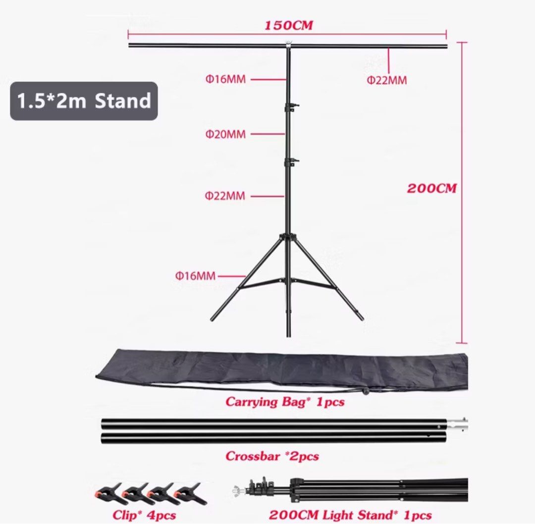 1.5x2M Photo Background Stand Backdrop Support Kit (Category: Lighting & Studio Equipment) located in Manila. Submitted by btsalbumssssss (Listing ID 1468448308, Image 1). Description: - Size: Adjustable up to 1.5m x 2m - Sturdy Build: Durable metal construction with 16mm-22mm tube diameters - Complete Kit: Includes 200cm light stand, 2 crossbars, 4 clips, and a carrying bag - Portable: Easy to pack down for storage and transport - Versatile: Ide