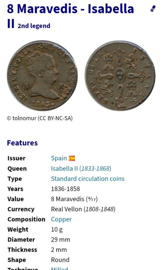 1848 8 Maravedis (Category: Currency) located in Manila. Submitted by wildcrystal.3b537c (Listing ID 1468283528, Image 3). Description: .