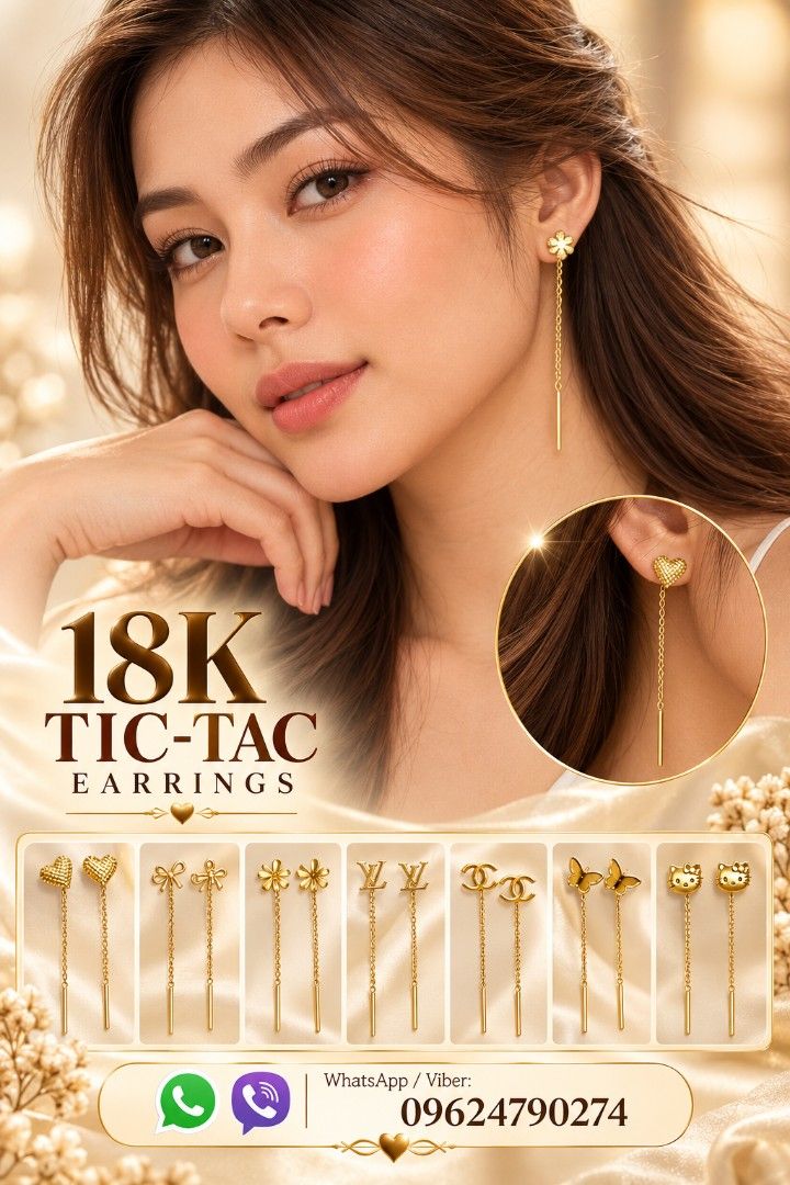 18K Tic-Tac Gold Earrings Multiple Designs (Category: Earrings) located in Marikina City. Submitted by emmstaule (Listing ID 1468428424, Image 1). Description: - Material: 18K Gold - Style: Tic-tac drop earrings with chain dangle and thin vertical bar - Available Designs: Hearts, bows, flowers, LV, Chanel, butterflies, and Kitty - Perfect for: Everyday wear and stylish accessorizing .