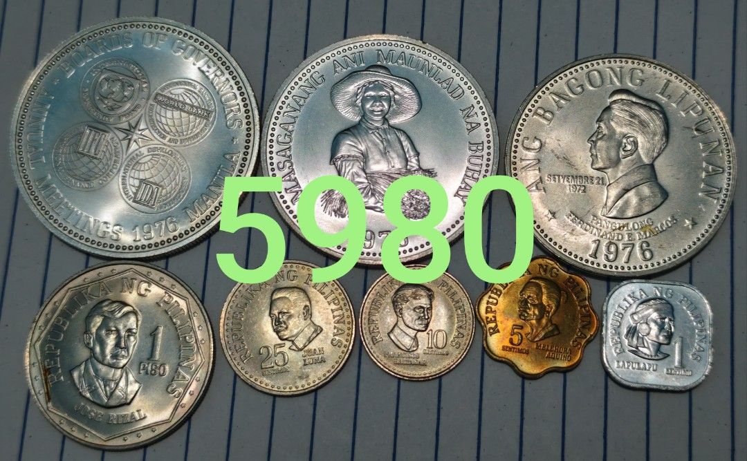 1976 B.U SET (Category: Currency) located in Paranaque City. Submitted by independentman07 (Listing ID 1468288643, Image 1). Description: - Complete vintage Philippine coin set (1976-1978) - Denominations included: 50 Piso, 25 Piso, 5 Piso, 1 Piso, 25 Sentimo, 10 Sentimo, 5 Sentimo, and 1 Sentimo - Features various metals and sizes - Ideal for numismatic collections and Southeast Asian currency enthusiasts.