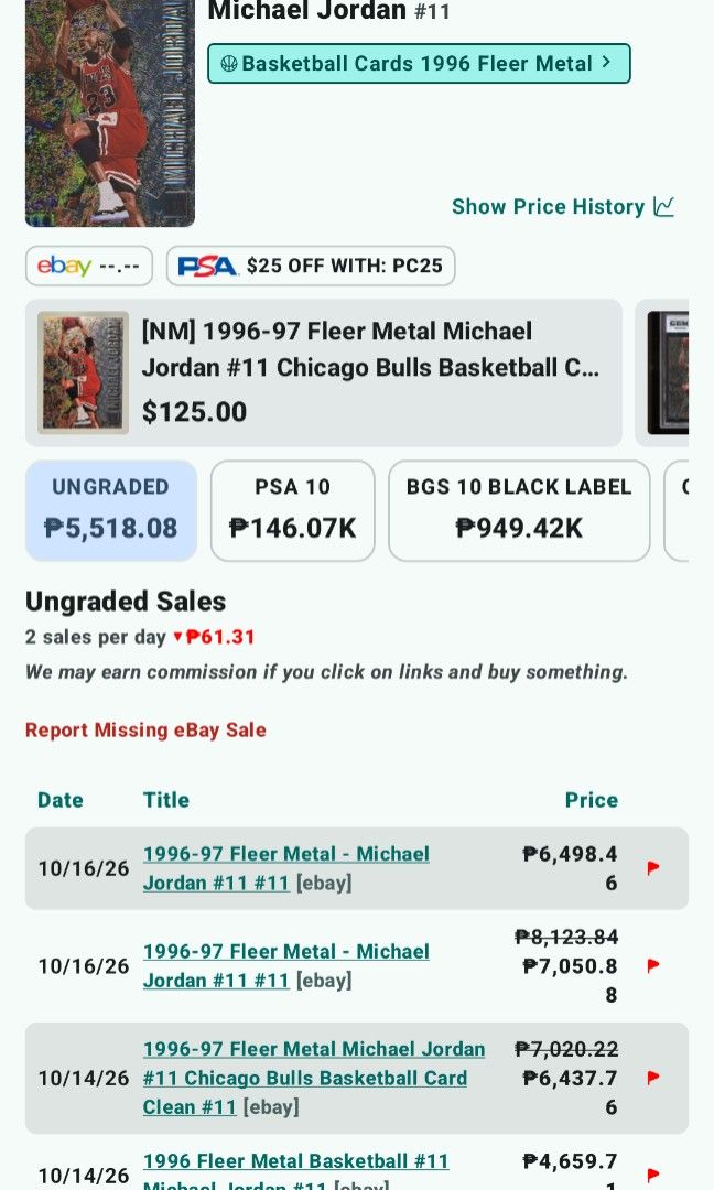1996 Skybox Metal Michael Jordan #11 (Category: Raw Singles) located in Pasig City. Submitted by x119362 (Listing ID 1446407174, Image 3). Description: - Ungraded - 1996 Skybox Metal Michael Jordan card #11 - Strike while the iron is hot—the card’s value is climbing. 😉 * Kindly be reasonable with your offers and negotiate based on the card's actual market value. Let's avoid low-balling, please!.