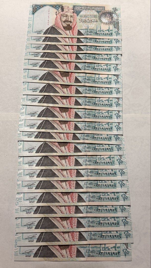 20pcs Sequential uncirculated Saudi 20 Riyals KSA 100 Years Commemorative 20 Riyal Bundle (Category: Currency) located in Taguig. Submitted by romnhel083126 (Listing ID 1468417345, Image 1). Description: - Quantity: 20 pieces - Denomination: 20 Saudi Riyals (K.S.A. 100 Years commemorative) - Condition: UNC (Uncirculated), crisp and clean - Serial Numbers: Sequential / Consecutive - Ideal for collectors and numismatic enthusiasts.