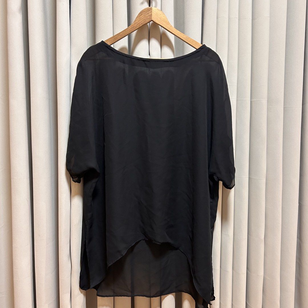2XL Black High Low Sheer Top (Category: Blouses) located in Rizal. Submitted by from99abovecloset (Listing ID 1468389744, Image 1). Description: CODE:084 Size: 2XL Armhole (laid flat):8” Bust (around): 52” Length (laid flat): 33” Sheer poly | loose | like new .