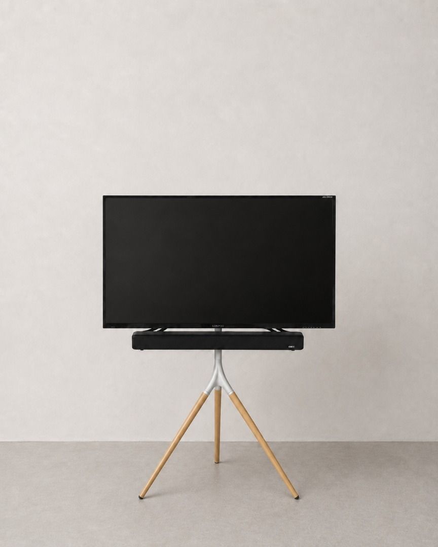 45 to 65 inch Flat Screen Height Adjustable Studio Mount TV Easel Tripod Stand Bracket Console (Category: TV Consoles) located in Pasig City. Submitted by dustycloudph (Listing ID 1468413438, Image 2). Description: +300 pesos for soundbar bracket available colorways black + walnut white + oak ⤷ ideal for sizes 45 inches to 65 inches ⤷ can support up to 32-kg televisions ⤷ feet have rubber pads to prevent slipping and floor damage ⤷ 180-degree swi