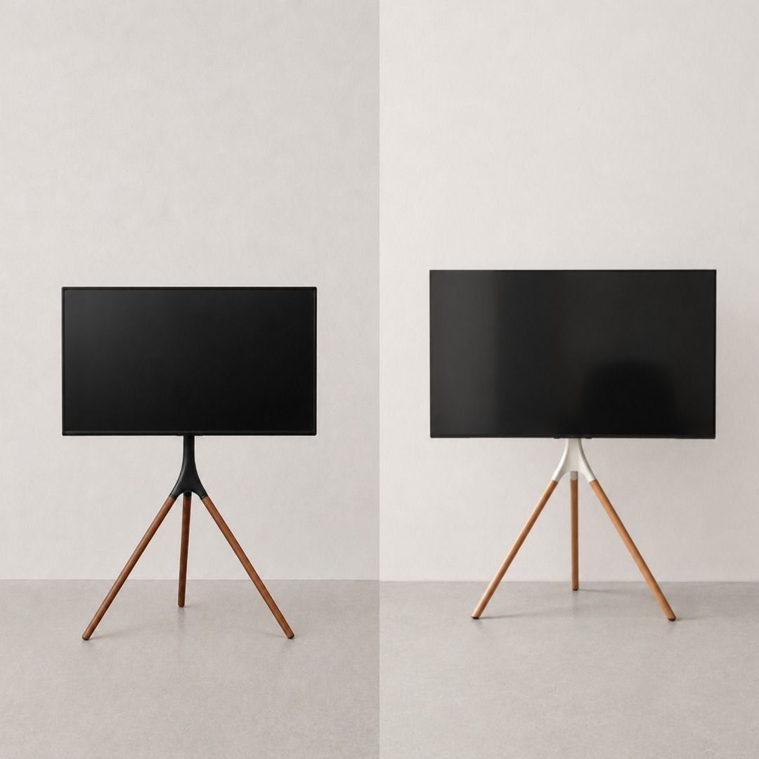 45 to 65 inch Flat Screen Height Adjustable Studio Mount TV Easel Tripod Stand Bracket Console (Category: TV Consoles) located in Pasig City. Submitted by dustycloudph (Listing ID 1468413438, Image 1). Description: +300 pesos for soundbar bracket available colorways black + walnut white + oak ⤷ ideal for sizes 45 inches to 65 inches ⤷ can support up to 32-kg televisions ⤷ feet have rubber pads to prevent slipping and floor damage ⤷ 180-degree swi