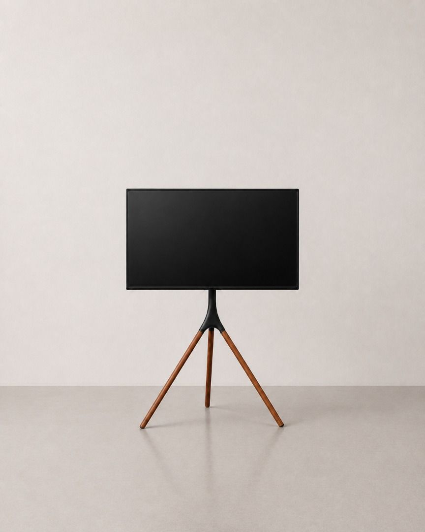 45 to 65 inch Flat Screen Height Adjustable Studio Mount TV Easel Tripod Stand Bracket Console (Category: TV Consoles) located in Pasig City. Submitted by dustycloudph (Listing ID 1468413438, Image 3). Description: +300 pesos for soundbar bracket available colorways black + walnut white + oak ⤷ ideal for sizes 45 inches to 65 inches ⤷ can support up to 32-kg televisions ⤷ feet have rubber pads to prevent slipping and floor damage ⤷ 180-degree swi
