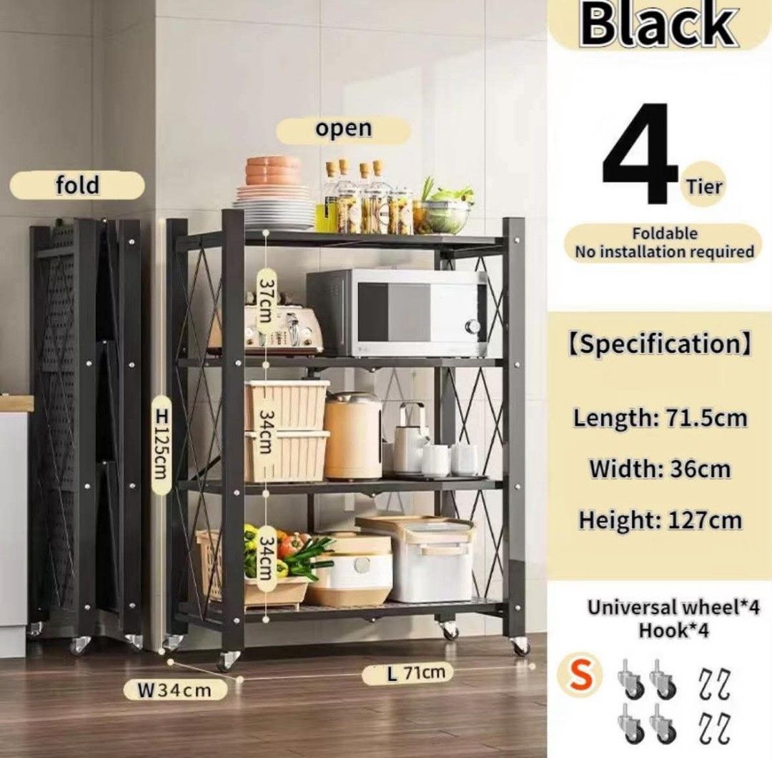 4-Tier Foldable Storage Rack Kitchen Organizer Shelf (Category: Shelves, Cabinets & Racks) located in Manila. Submitted by ajimdolor012051 (Listing ID 1468335959, Image 3). Description: - 4-tier folding storage shelf, perfect for kitchen and home organization - Zero installation required: just unfold and use instantly - Sturdy metal construction, ideal for heavy appliances and containers - Includes 4 universal wheels for easy mobility and 4 bonus