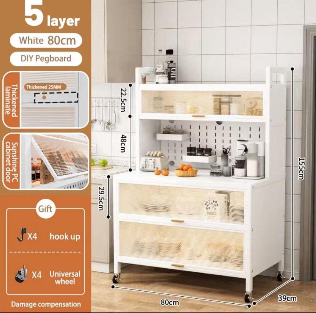 5-Layer White Kitchen Storage Cabinet with PC Doors 80cm (Category: Shelves, Cabinets & Racks) located in Manila. Submitted by ajimdolor012051 (Listing ID 1468335782, Image 2). Description: - Sleek white 5-layer storage cabinet for kitchens, coffee stations, or pantries - Dimensions: 80cm (W) x 39cm (D) x 155cm (H) - Heavy-duty build with thickened 25mm laminate shelves for maximum stability - Stylish sunshine PC doors and practical DIY pegboard 
