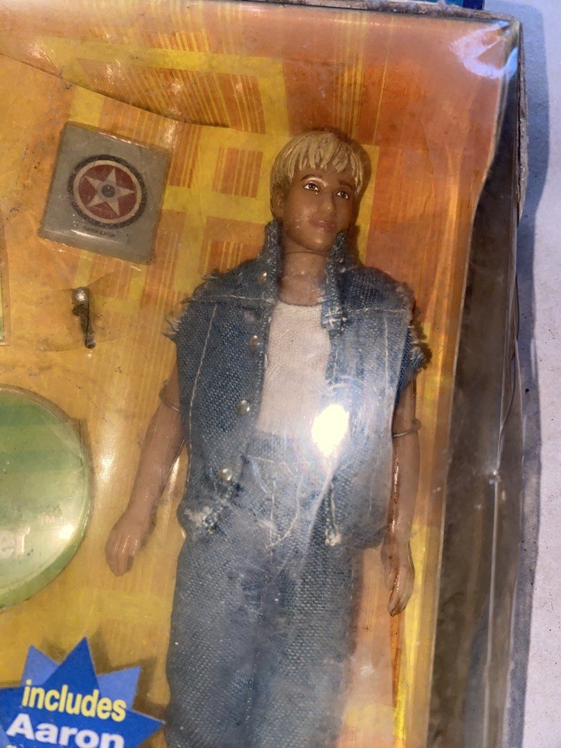 Aaron Carter Play Along Doll Figure in Box (Category: Figurines & Statues) located in Manila. Submitted by togekimiwa (Listing ID 1468345822, Image 2). Description: - Rare 2001 Aaron Carter collectible action figure by Play Along Toys - Outfit features a stylish denim vest over a white tank top and jeans - Includes bonus accessories: miniature pop star magazine, star sticker sheet, microphone pin, and green figure stand with printed signature - F
