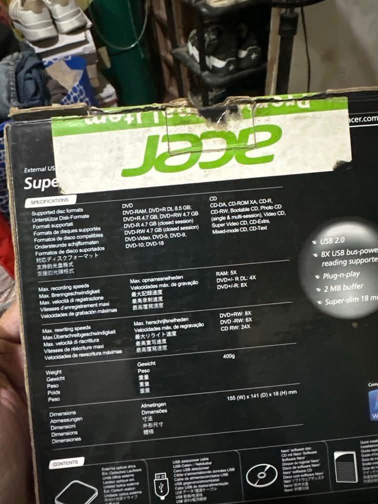 Acer External USB 2.0 SuperMulti Drive (Category: Hard Disks & Thumbdrives) located in Mandaluyong City. Submitted by vastcloud_b96183 (Listing ID 1468302855, Image 3). Description: - Brand: Acer SuperMulti External Optical Drive - Condition: Like new, still has original protective plastic film on top - Compatibility: USB 2.0 plug-and-play setup, great for laptops without built-in disc drives - Performance: Reads and writes CDs and DVDs up to 8X 