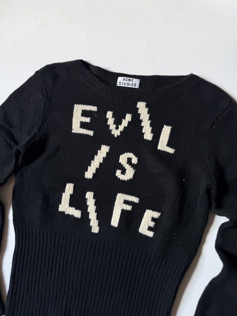 Acne Studio “Evil is Life” Knitt Sweater (Category: Coats, Jackets and Outerwear) located in Baguio. Submitted by archival.store (Listing ID 1468408739, Image 2). Description: Size tagged: Issue:none Width: 18.5 Length:22 Shoulder:17 Sleeve:23.5.