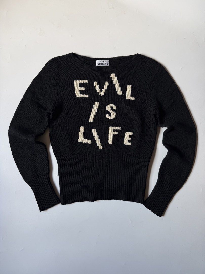 Acne Studio “Evil is Life” Knitt Sweater (Category: Coats, Jackets and Outerwear) located in Baguio. Submitted by archival.store (Listing ID 1468408739, Image 1). Description: Size tagged: Issue:none Width: 18.5 Length:22 Shoulder:17 Sleeve:23.5.
