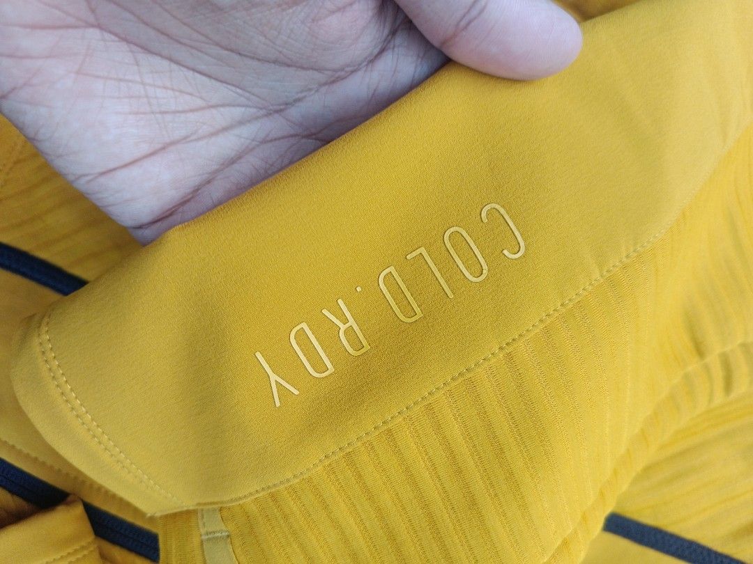 Adidas cold.rdy Yellow Hooded Jacket (Category: Activewear) located in Urdaneta. Submitted by tetsudoubletaps (Listing ID 1468497408, Image 2). Description: + SF 23 x 27 - 28 Premium na premium isuot. - Brand/Model: Adidas Cold.Rdy hooded jacket - Color: Bright yellow with black contrast design - Closures: Premium YKK double zippers on front - Pockets: Extra zipped chest pocket on the left side - Material: Textured ribbed fabric panels down sleev