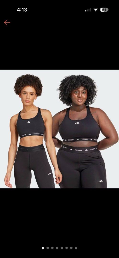 Adidas Techfit Medium Support Sports Bra Black (Category: Activewear) located in Manila. Submitted by christine29467 (Listing ID 1468312469, Image 1). Description: - Brand: Adidas - Model: Techfit Sports Bra - Color: Black with white Adidas logo - Size: Small (C/D) - Support: Medium support design - Features: Racerback, elastic band with techfit branding - Condition: Brand new with original retail tag attached (PHP 1,800). Selling for only P1,300