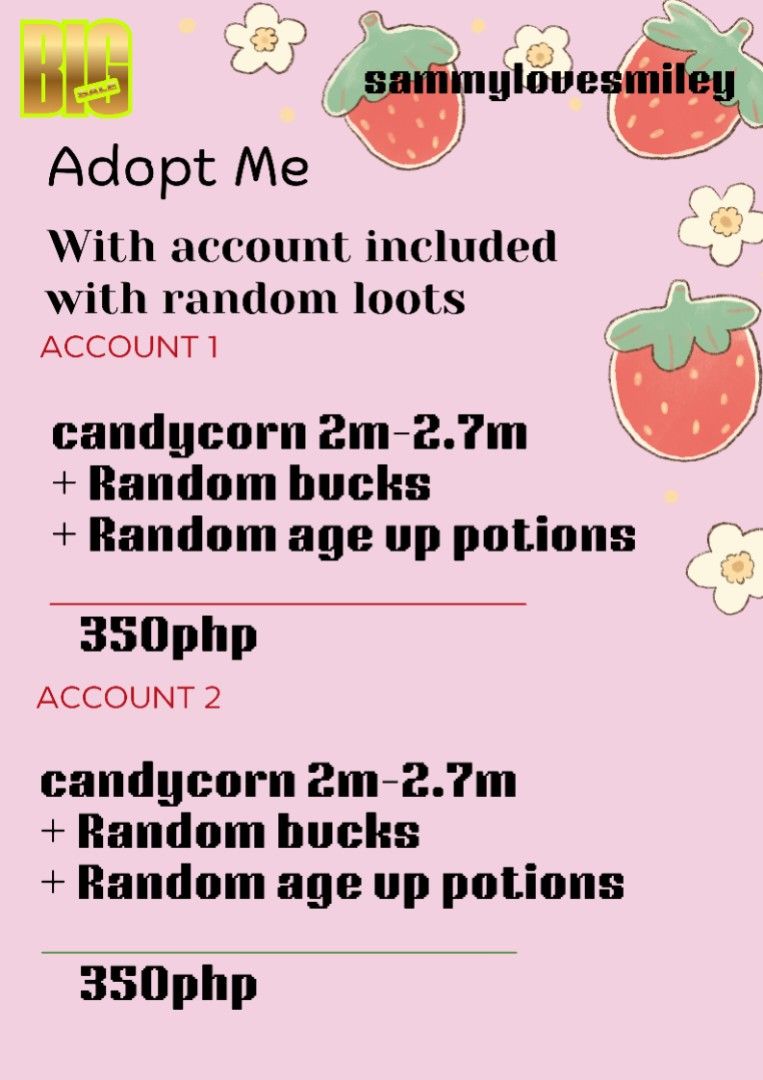 Adopt Me Candycorn Account For Sale (Category: Board Games & Puzzles) located in Iligan City. Submitted by sammylovesmiley (Listing ID 1467711264, Image 1). Description: Safe account🌷 Always Available! ☞dm me for fast transaction ☞only accepting GCASH and MAYA for payment ☆fixed price ☆ No refund after purchased.