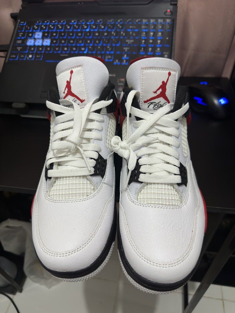 Air Jordan 4 Retro Red Cement Size 9.5 (Category: Sneakers) located in Davao. Submitted by gotthegoods25 (Listing ID 1468286197, Image 3). Description: This pair is from the US, no box since hassle for traveling, only fitted never used. You can legit check all you want, thank you!.