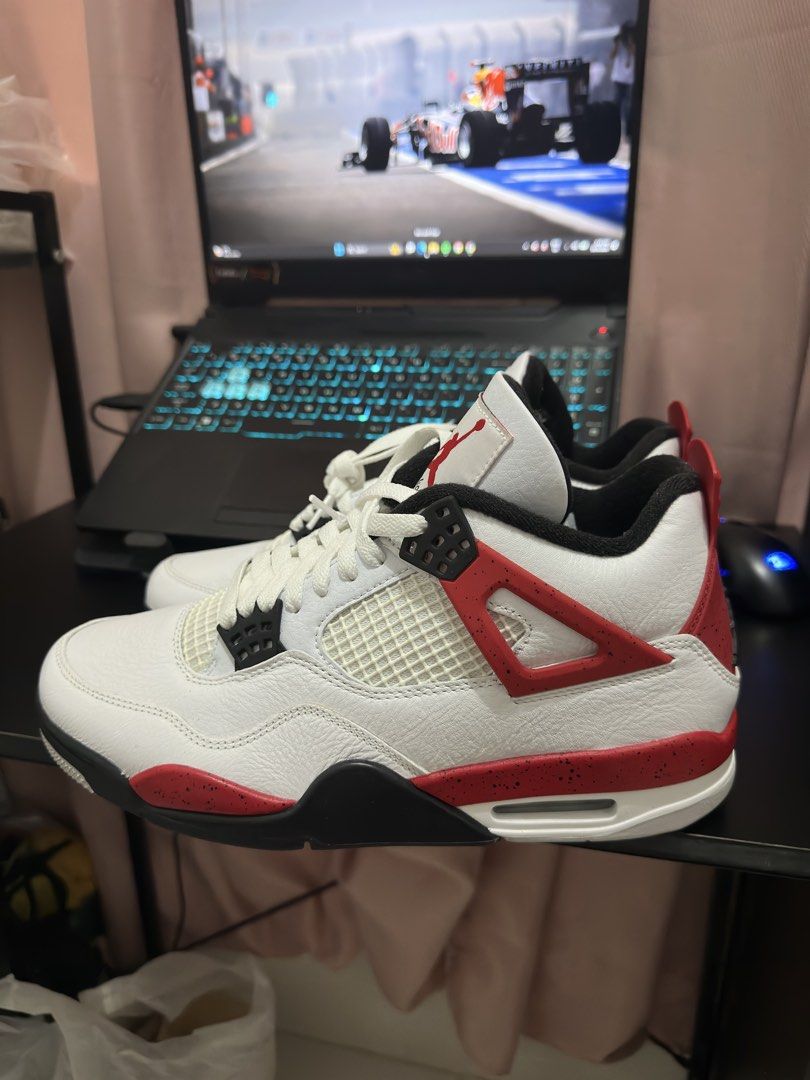 Air Jordan 4 Retro Red Cement Size 9.5 (Category: Sneakers) located in Davao. Submitted by gotthegoods25 (Listing ID 1468286197, Image 1). Description: This pair is from the US, no box since hassle for traveling, only fitted never used. You can legit check all you want, thank you!.