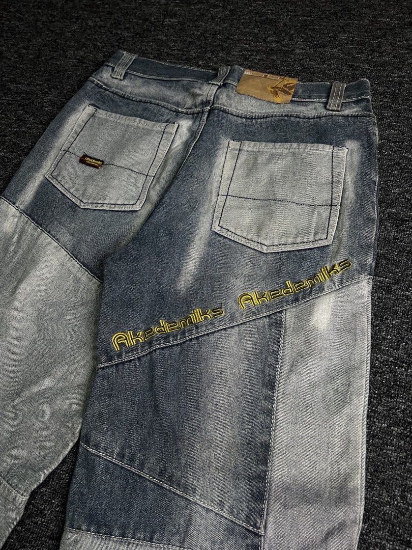 Akademiks Patch Work Pants (Category: Jeans) located in Manila. Submitted by thrifty.4pp4rels (Listing ID 1468431682, Image 3). Description: Shipping fee shouldered by the buyer Issues: None Measurements: W 34 L 41.5 Thigh 12.5 Hem 9.