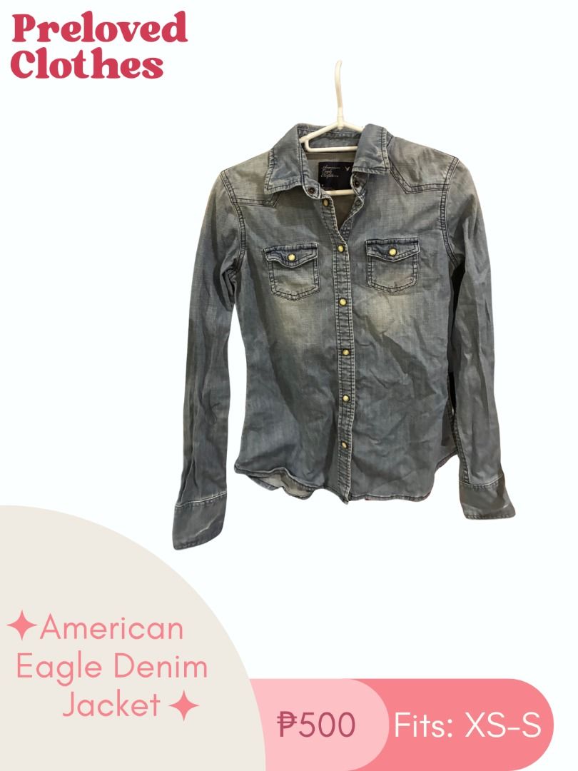 American Eagle Denim Jacket Fits (Category: Coats, Jackets and Outerwear) located in Talisay. Submitted by garage.ia (Listing ID 1468386718, Image 1). Description: - Brand: American Eagle - Color/Wash: Light wash denim - Style: Fitted, button-down front with long sleeves - Storage: Two chest pockets - Fit: Best fits extra small to small frames - Condition/Use: Great everyday outerwear piece.