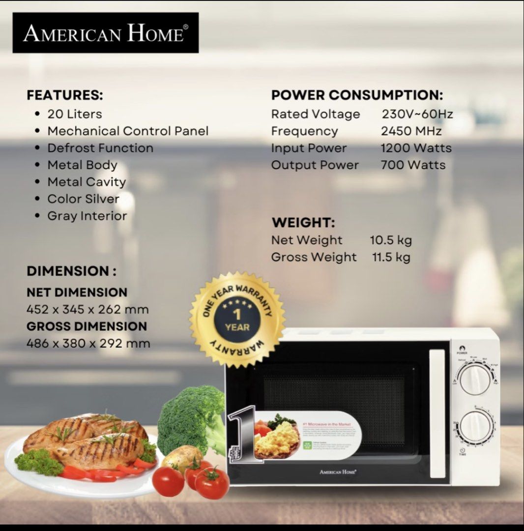 American Home 20L Mechanical Microwave Oven (Category: Ovens & Toasters) located in Quezon City. Submitted by allforgeorgia (Listing ID 1468490905, Image 2). Description: This was bought May 2026 Original price is at 3100 but was able to get it at 2600 Selling for as low as 1800 last price Walang kalawang maingat ako sa mga gamit namin No box Used with care no issues at all We need a smaller one space intended to be place on is too small therefor